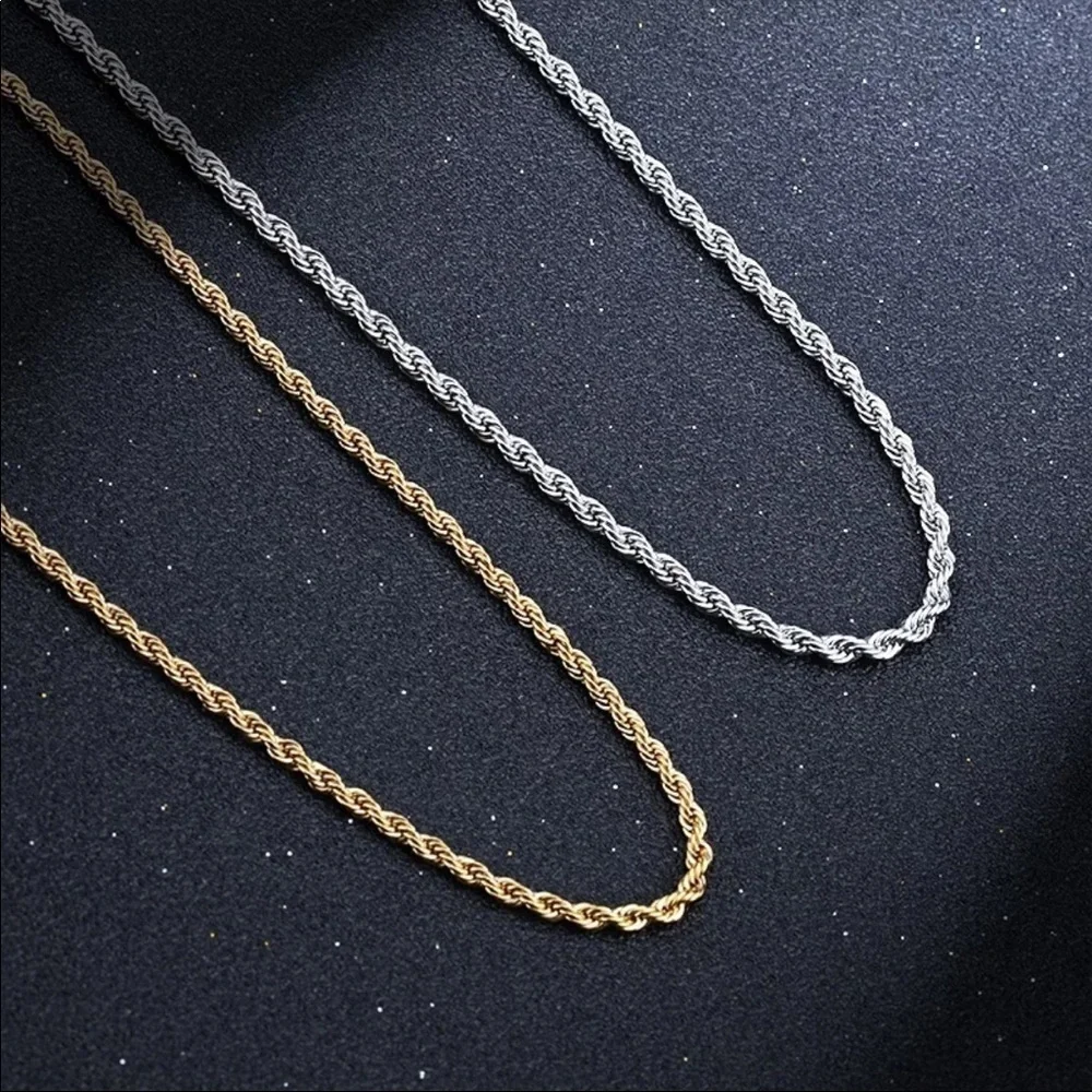 14K gold plated stainless steel twisted rope necklace 24 inches, 3mm